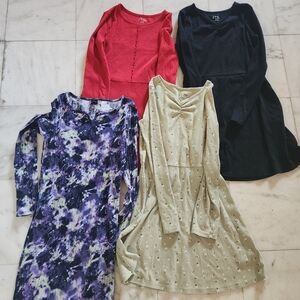 Lot of 4 KIDS Long Sleeve Knit Dresses - Red, Black, Purple Tie-Dye, Light Olive